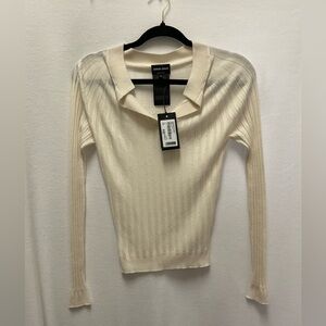 Giorgio Armani Cream Ribbed Knit Polo Top